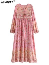 Vintage Chic Women Coup Tie et ethnique Imprimé floral plage bohème maxi robes dames tassel boho robe plissée vestidos 240412