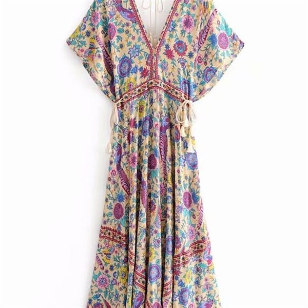 Vintage Chic femmes paon imprimé fleuri manches chauve-souris plage bohème Maxi robes Robe dames col en v gland été Boho Robe 220531