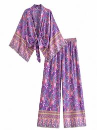 Vintage Chic Vrouwen Paarse Bloemenprint Outfits Korte Kimo Robe Bohemian Suits Wijde Pijpen Broek 2 Stuks Ray Boho Sets Badpak r1WK #
