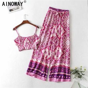 Vintage chique vrouwen twee stuk outfits riem mouwloze tops bohemian sjerpen trekkoord broek 2 stuks rayon katoen boho sets 211105