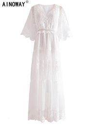 Vintage chique vrouwen witte kanten korte mouw strand sexy bohemian maxi jurk robe lady vneck feest boho jurken vestidos 240415