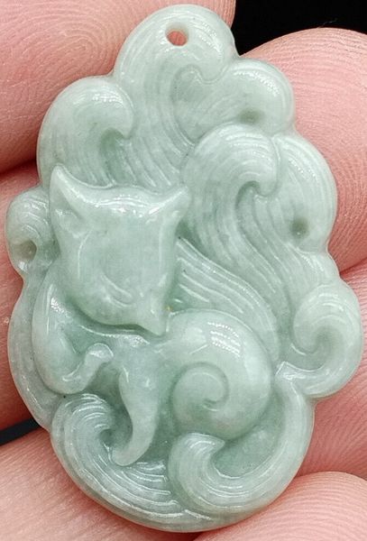 vintage Chine Style Naturel Vert Clair Un Pendentif Jadeite Jade Certifié Renard