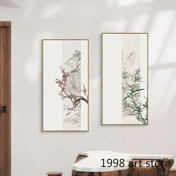 Fleurs de prune de style chinois vintage ,, bambou, affiches d'art en pin