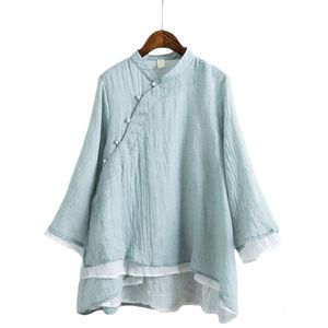 Camisas de lino y algodón de doble capa con botones oblicuos y perlas de estilo chino Vintage, camisas informales de manga larga con cuello levantado para mujer