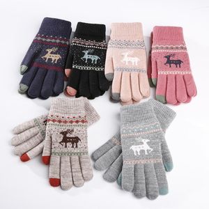 Gants tricotés Vintage en forme de cerf de noël pour femmes, épais, pour écran tactile, hiver, neige chaude, élan, mitaines à doigts complets, cadeau de noël, Luvas289q