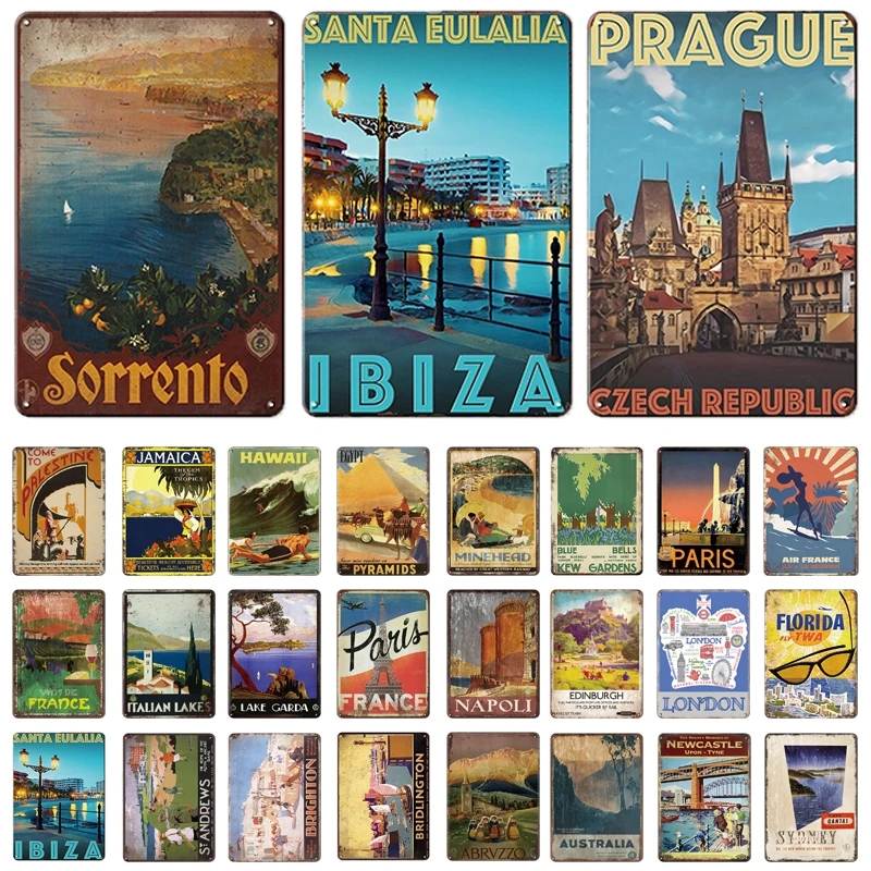 Vintage City Landscape art Tin Sign London Mexico Paris Florida Posters Travel Scenery Wall Stickers Iron Painting Bar personalized Decoration size 30X20CM w02