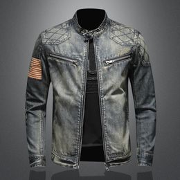 Vintage klassieke katoenen opstaande kraag gewassen jas bovenkleding Amerikaanse vlag denim bikerjack jeans man plus maat