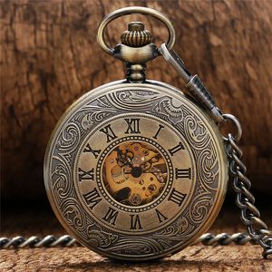 Vintage Classical Bronze Mechanical Handwinding Pocket Watch Hollow Out Case Mens Womens Clock Timepiece with Pendant Chain