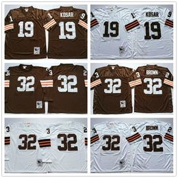 Vintage Cleveland Mens Brown #32 Jim Brown Jersey 19 Bernie Kosar Groothandel Lange mouw Wit Bruin 100% Gestikt Voetbal Jerseys Shirts