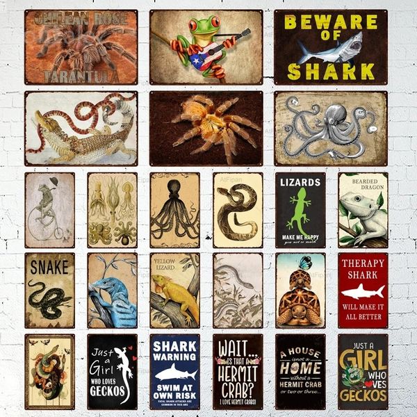 Affiche vintage en métal avec animal à sang froid, lézard, araignée, requin, panneau amusant pour bar, pub, club, homme, grotte, décoration murale de la maison, panneau en étain personnalisé, taille 30 x 20 cm w01