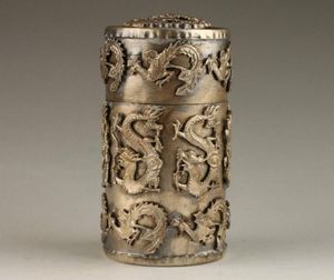 Vintage Collection Handgemaakte Unieke Tibetaanse zilveren Dragon Phoenix Toothpick Box