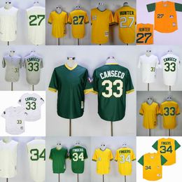 Vintage College Throwback Baseball 27 Catfish Hunter Jerseys gestikt 33 Jose Canseco 34 Rollie Fingers 1981 geel groen witte trui