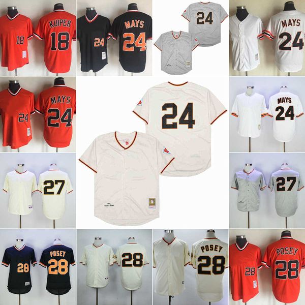 Vintage College Throwback Baseball 24 Willie Mays Maillots cousus 28 Buster Posey 27 Juan Marichal 18 Duane Kuiper Blanc Gris 1962 Noir Orange Pull