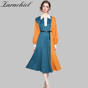 Vintage kleur blok patchwork lange jurk vrouwen kantoor volledige mouw draai kraag casual losse shirt jurken met riem 210416