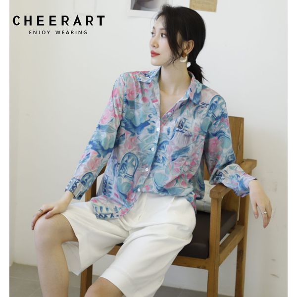 Vintage couleur dessin à manches longues chemisier automne femmes hauts et chemisiers bouton en vrac coréen chemise vêtements 210427