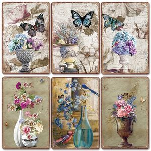 Vintage kleurrijke bloemen poster metaal schilderij zonnebloem daisy vlinder metalen blikken bord voor woonkamer wall art decor 20cmx30cm woo