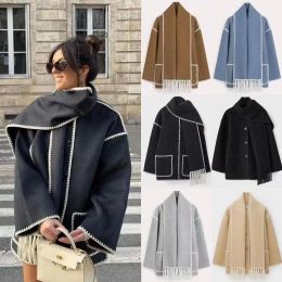 Manteau Vintage 100% laine avec crochet à main contrasté, bord à pompon, écharpe, manteau, 2024