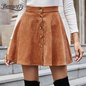 Vintage Corduroy Button Front Hoge Taille Rok Dames Herfst Winter Casual Flared Rokken Elegante Dames Straatslijtage 210510