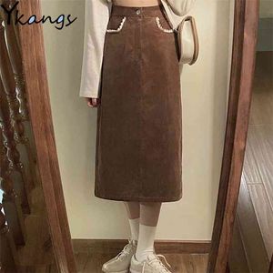 Vintage Corduroy Kant Stikken Lange Rok Dames Hoge Taille A-lijn Rokken Bruin Button Pocket Midi Jupe Femme Saia 210421