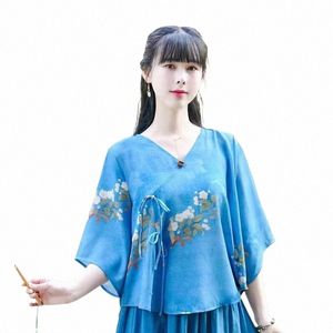 Vintage Cott Linnen Bloemenprint V-hals Shirt Chinese Stijl Traditionele Vrouwelijke Hanfu Blouse Natial Losse Vrouwen Tops Tang Pak 57va #