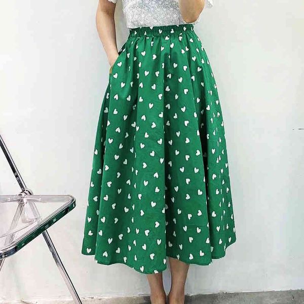 Vintage coton jupes été imprimé A-ligne jupe tempérament féminin décontracté vert amour mi-longueur parapluie jupe femmes 210514