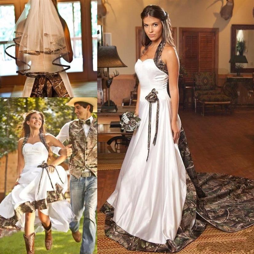 Vintage Country Camo White Wedding Dresses Halter Sweep Train Backless A-line Plus Size Garden Bridal Gowns Custom Made260a