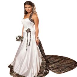 Vintage country realtree camo robes de mariée mexicaine 2024 halter une ligne satin rock gatsby viking robes nuptiales extérieures