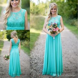 Vintage Country Style Turquoise demoiselle d'honneur robes de bal ras du cou paillettes dentelle mousseline de soie longue plage demoiselle d'honneur robes de soirée