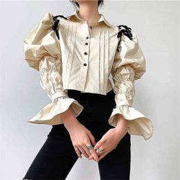 Vintage hofstijl blouse dames kort shirt herfst designer stijl holle out lantern mouw elegante chic blusas tops sl250 210401