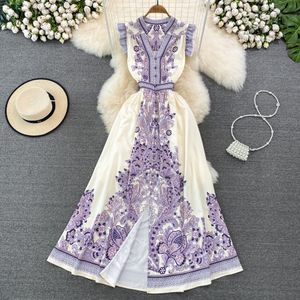 Vestido estilo corte vintage con mangas voladoras Escote en V Cintura Delgada Botonadura sencilla Vestido elegante de corte A