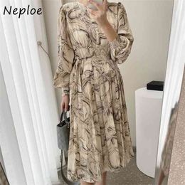 Vintage Court Style Print Jurk Vrouwen Hoge Taille Heup Een Lijn Lange Vestidos O Nekc Pullover Mouw Robe Spring 210422