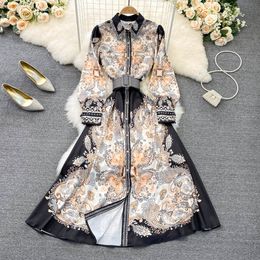Vintage hofstijl jurk met enkele rij knopen, A-lijn, grote zoom, lente-temperament, jurk met POLO-kraag, taillesluiting en print