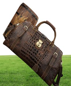 Vintage Crazy Horse authentique en cuir masque de voyage Sac de voyage de grande capacité Crocodile Duffle Sacs transporte des bagages Bolsa Duffel6482556