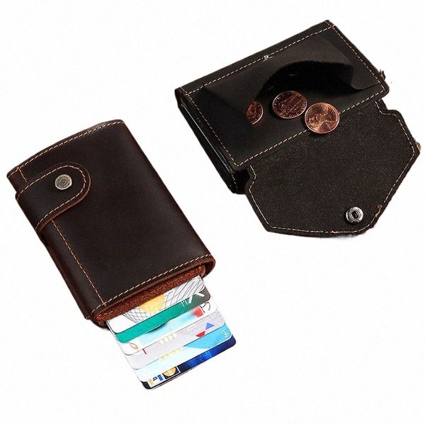 Vintage Crazy Horse cuir hommes portefeuilles RFID Protecti Mini porte-cartes en métal portefeuille fermeture à glissière poche pour homme h4HK #