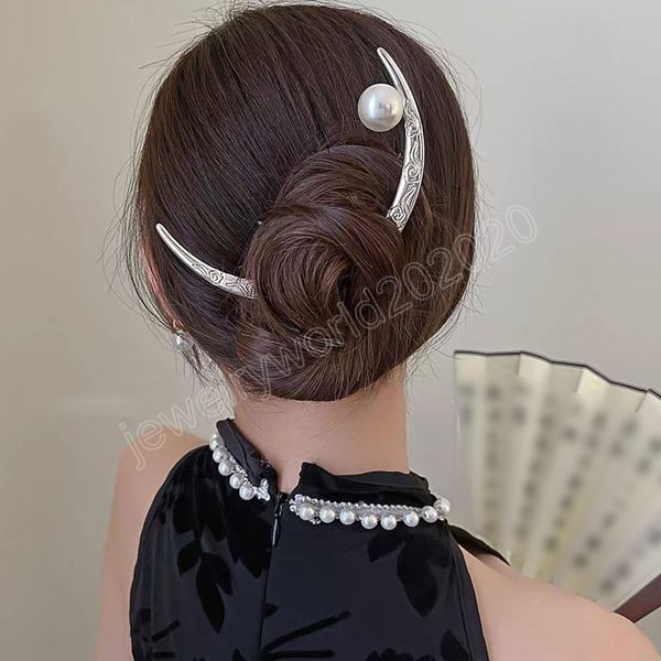 Vintage croissant de lune fourches à cheveux couleur argent perle pour les femmes chinois chignon pince à cheveux épingle à cheveux bijoux accessoires