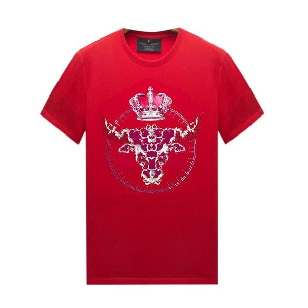 T-shirts vintage à col rond avec strass pour hommes et femmes, avec motifs, rouge, manches courtes, hauts décontractés, coton mercerisé, 288i