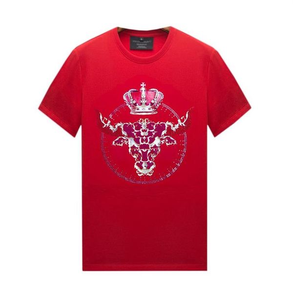 T-shirts vintage à col rond avec strass pour hommes et femmes avec motifs - Rouge à manches courtes - Hauts décontractés en coton mercerisé 300L