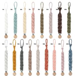 Vintage Crochet Baby Antidrop Soother Pacificier Chain Chain Minppal Holder Clips Woven Cotton Beech Wood Clip 240418