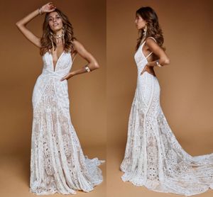 Vintage Crochet Katoen Mermaid Trouwjurken 2022 Sexy V-hals Backless Country Bohemian Garden Bridal Jurk Vestido de Novia