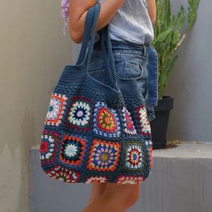 Vintage Crochet Granny Shoulder Bag Mujeres Boho Chic Hippie Hippie Bolsos tejidos tejidos Big Shopper carteras lindas 240328