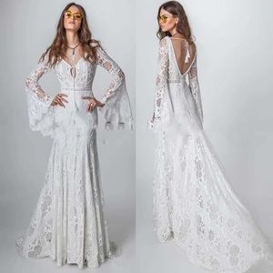 Vintage Crochet Dentelle Boho Plage Robe De Mariée Avec Flare À Manches Longues 2022 V-cou Sirène Hippie Style Robes De Mariée Western Country Cowgirl Bohème Robes De Mariée