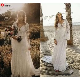 Vestidos de novia de encaje de ganchillo vintage con manga larga, cuello en V, sirena, Hippie, país occidental, vaquera, vestidos de novia bohemios GDF