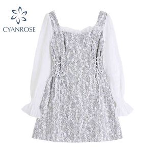 Vestido de cosecha vintage Mujeres Flare Manga larga Elegante Estampado floral Romántico Cintura alta Cordón Lace Up Slim Party Mini Frocks 210417