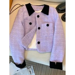 Vintage Cropped Tweed Jassen Vrouwen Patchwork Korte Blazer Koreaanse Elegante Single Breasted Jas Casual All Match Bovenkleding Tops 240112