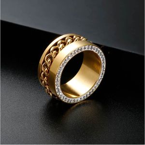 Vintage Crystal Cuban Curb Link Chain Ring for Men Women Roestvrij staal Goud kleur Twist Patroon Designer Ringen vrouwelijke sieraden