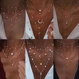 Collier de verrouillage de lune étoile de la géométrie vintage pour femmes colliers de pendentifs multi-niveaux boho