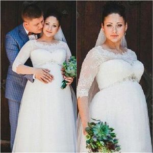 Robes de mariée en dentelle de cristal vintage pour femme enceinte demi-manches col transparent ivoire grande taille robes de mariée de maternité avec robe de mariée