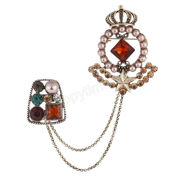 Broche de ancla de corona de perlas de cristal Vintage, joyería de lujo, cadena de borlas de estrella, Pin de solapa, traje, alfileres de cuello de camisa, accesorios de ramillete