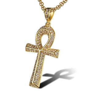 Vintage Cumbic Zirconia Hiphop Cross Pendante Colliers pour hommes en acier inoxydable Jésus Bijoux Crystal 18K Gold Plated Life Key Coll276W