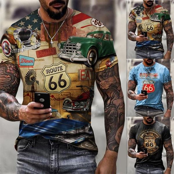 Vintage Custom Motorcycle T Shirt Men Race Car Fashion America Route 66 Letters Printed O Collared Tshirt Oversize 220526